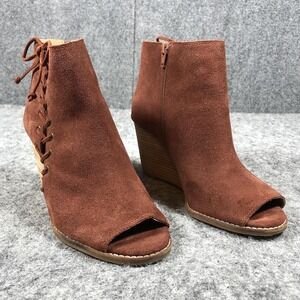 Lucky Brand Peep Toe Wedge Booties Womens 9.5 Brown Suede Lace Up Ankle Boots